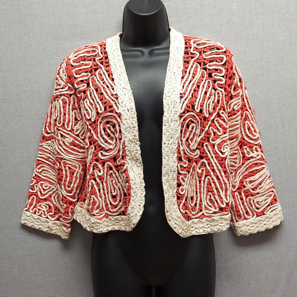 Chico's Crochet Open Knit Cardigan Coral Boho Artsy Cotton‎ 3/4 Sleeve Sweater 2